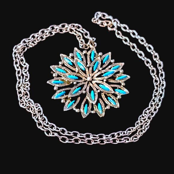 Vintage Blue Faux Turquoise 2" Flower Pendant, Antiqued Silver-Tone 24" Necklace - Picture 1 of 7